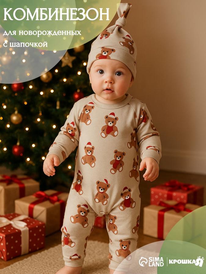 Комбинезон с шапочкой для новорождённых Крошка Я, рост 80-86 см, серый, Медвежата