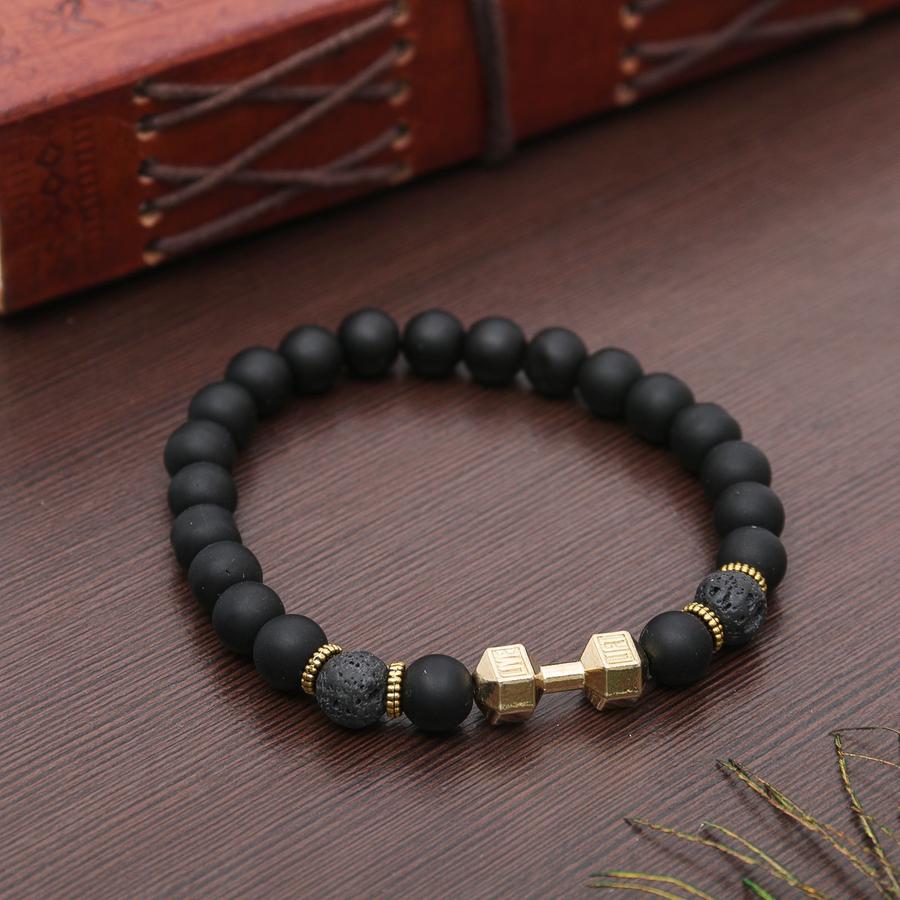 Унисекс браслет "Стиль успеха" с гантелью, чёрно-золотой цвет