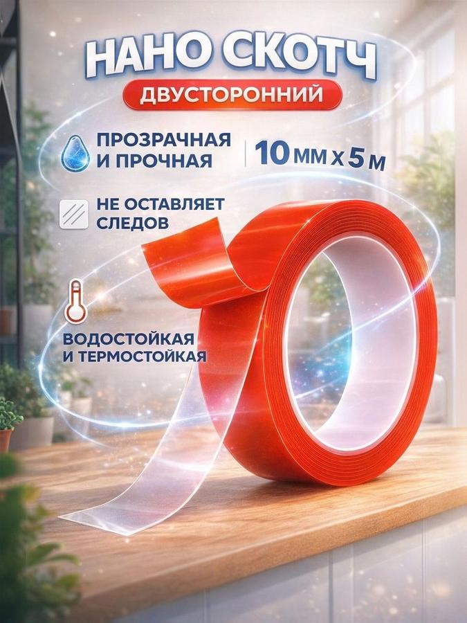 Нано двухсторонняя прозрачная лента 10 мм х 5 м клеящая