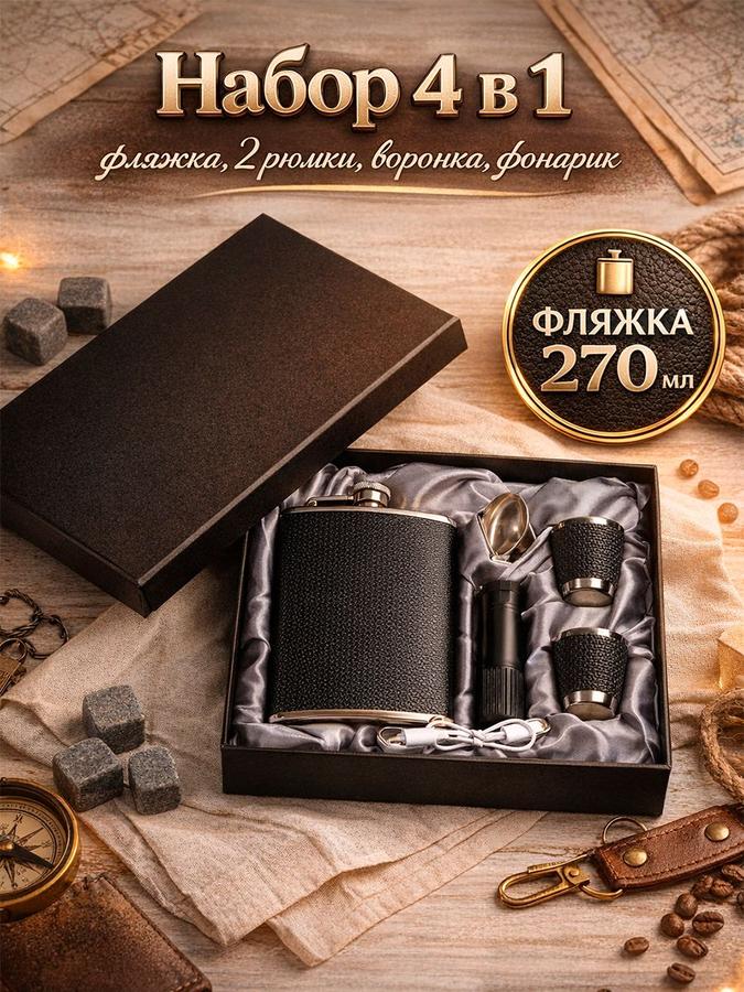 Подарочный набор 5 в 1: фляжка 240 мл, 2 рюмки, воронка, фонарик