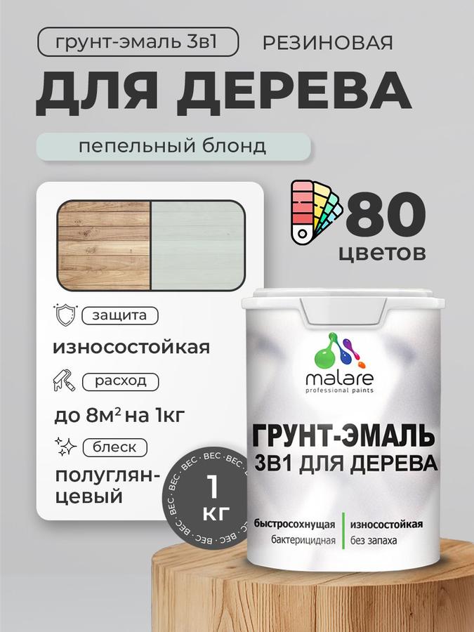 Латексная грунт-эмаль 3 в 1 Malare для дерева с антисептиком, быстросохнущая, моющаяся, без запаха, полуглянцевая, пепельный блонд, 1 кг