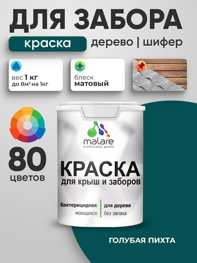 Акриловая краска Malare для деревянного забора и поверхностей, быстросохнущая, моющаяся, матовая, голубая пихта, 1 кг