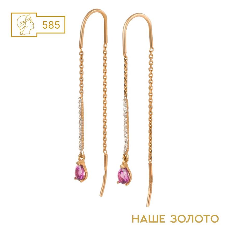 Серьги-протяжки из красного золота 585 пробы с родолитом и фианитами