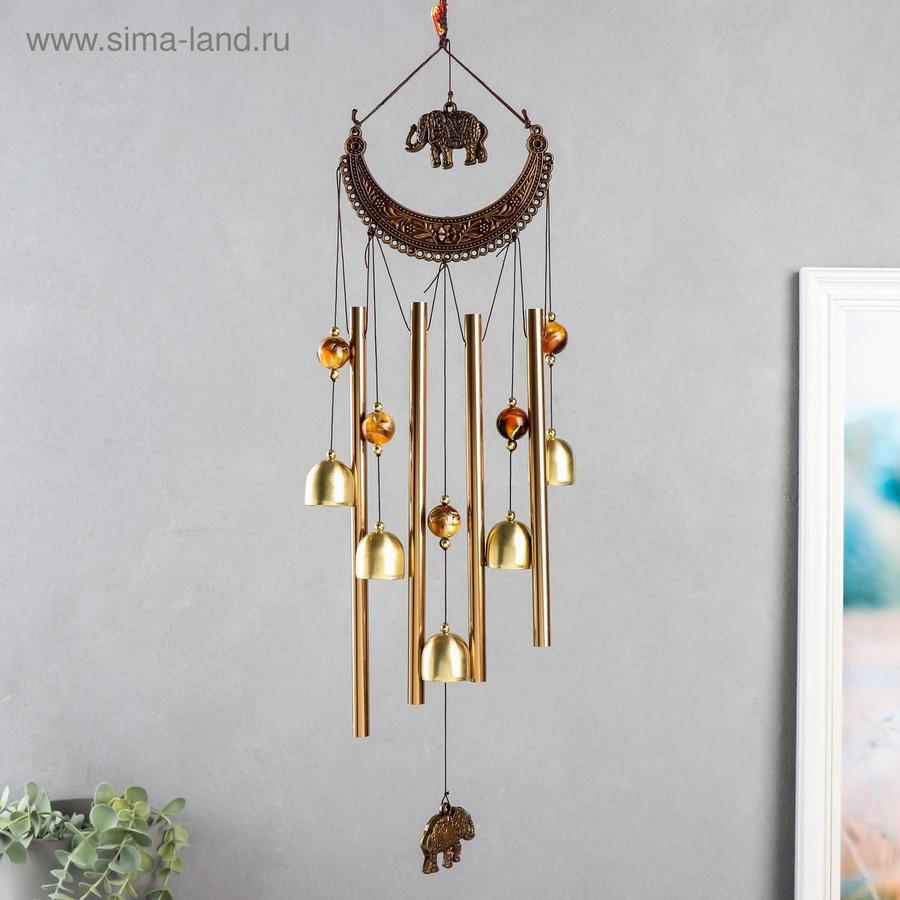 Музыка ветра металл и пластик с ожерельем и фигуркой слона, 4 трубки, 5 колокольчиков, 54 см