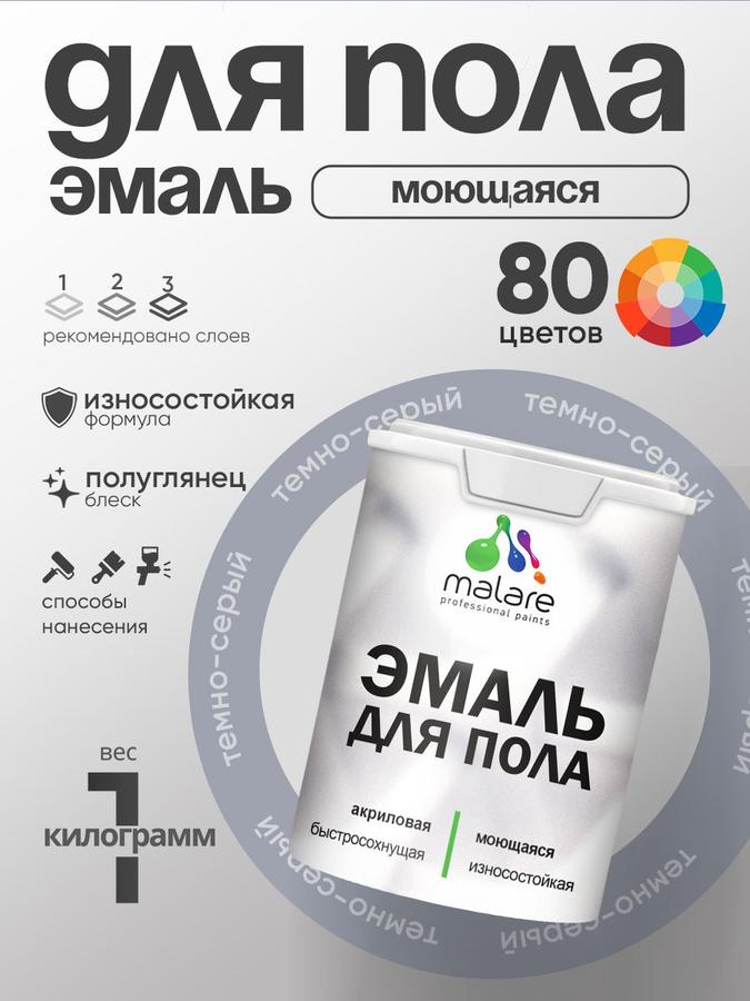 Акриловая эмаль Malare для бетонных и деревянных полов, износостойкая, быстросохнущая, полуглянцевая, темно-серая, 1 кг