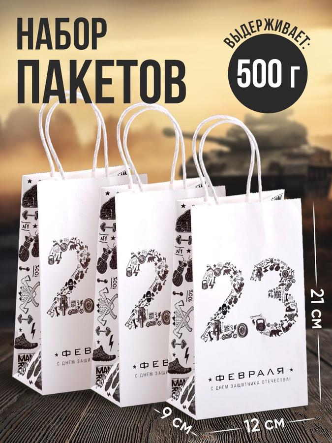Подарочные пакеты на 23 февраля, набор 3 шт, 12x21x9 см