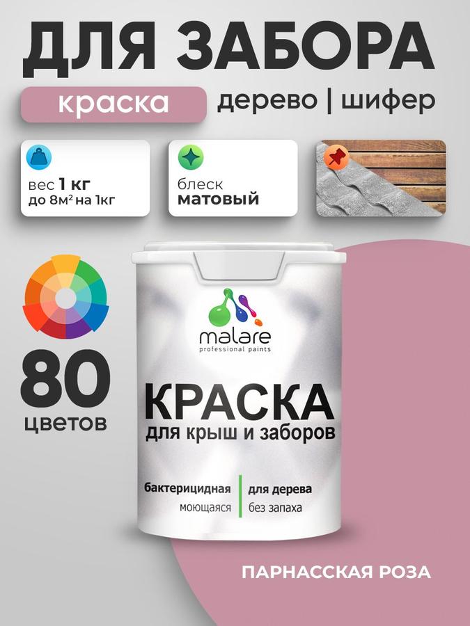 Акриловая краска Malare матовая парнасская роза для деревянного забора, наружных и внутренних работ, 1 кг, быстросохнущая, моющаяся, без запаха
