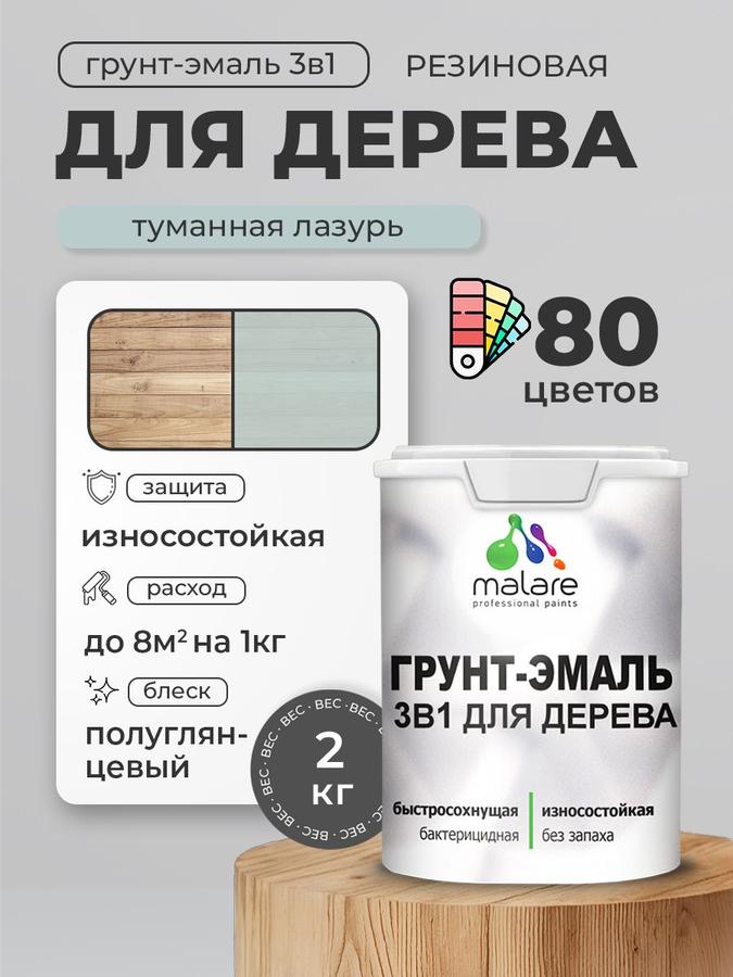 Латексная грунт-эмаль 3 в 1 Malare для дерева, антисептик, быстро сохнет, моющаяся, без запаха, полуглянцевая, туманная лазурь, 2 кг