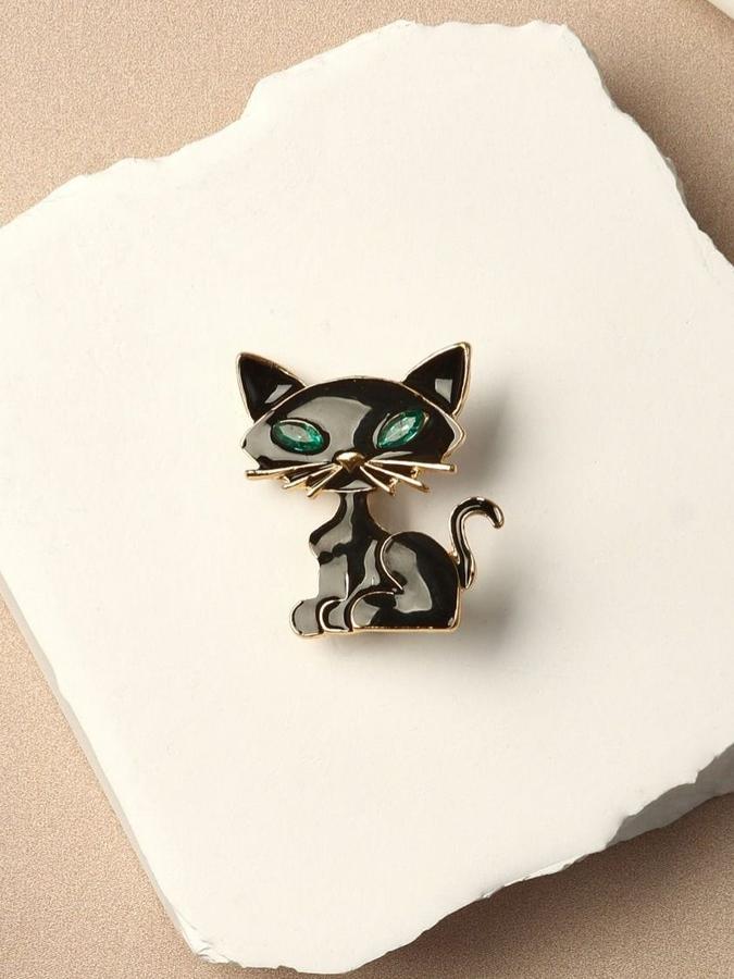 Брошь женская бижутерия «Кошечка» черно-зеленая в золоте, украшение на одежду