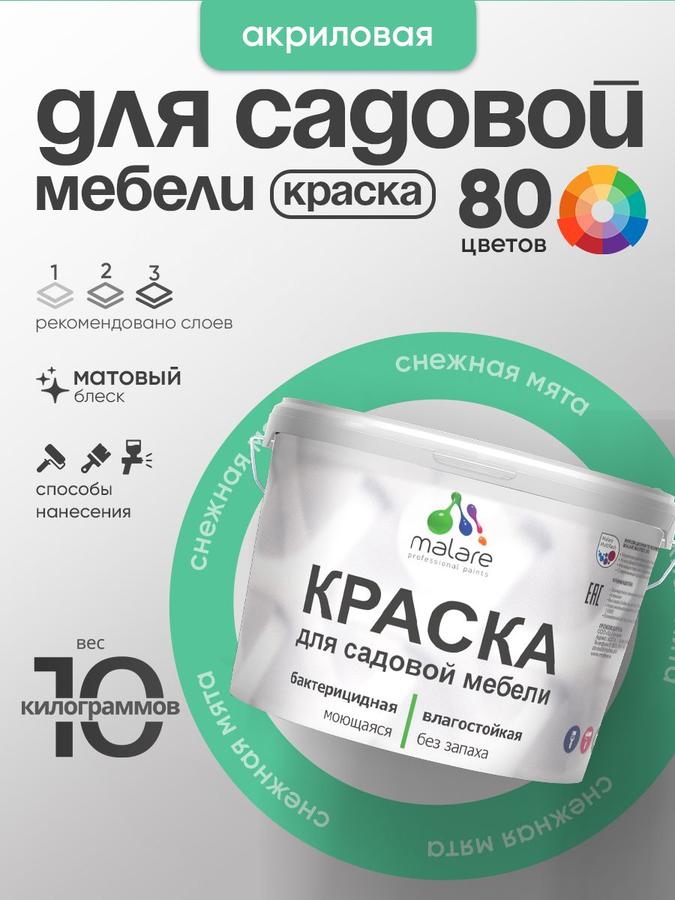Акриловая краска Malare для садовой мебели и дерева, матовая, быстросохнущая, без запаха, снежная мята, 10 кг