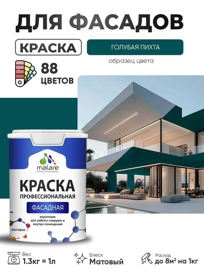 Краска фасадная Malare Professional акриловая для дерева и бетона, матовая, быстросохнущая, без запаха, голубая пихта, 1л (1.3кг)