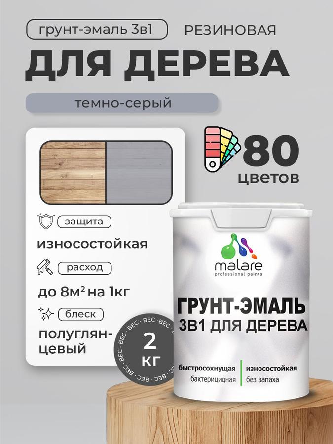 Латексная грунт-эмаль 3 в 1 Malare для дерева, антисептическая, быстросохнущая, полуглянцевая, темно-серая, 2 кг
