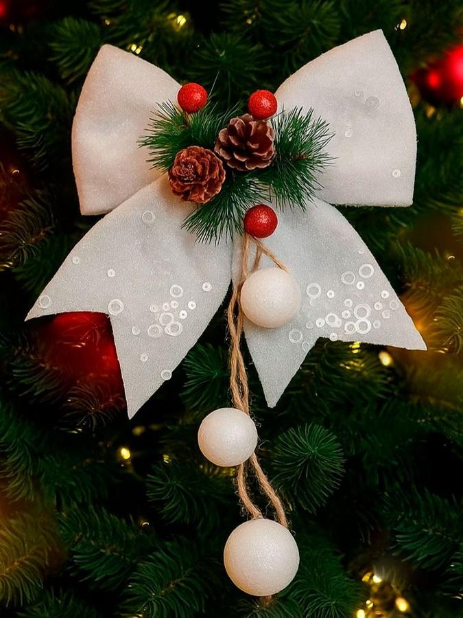 Новогоднее украшение елочная игрушка Бантик белый 20 см