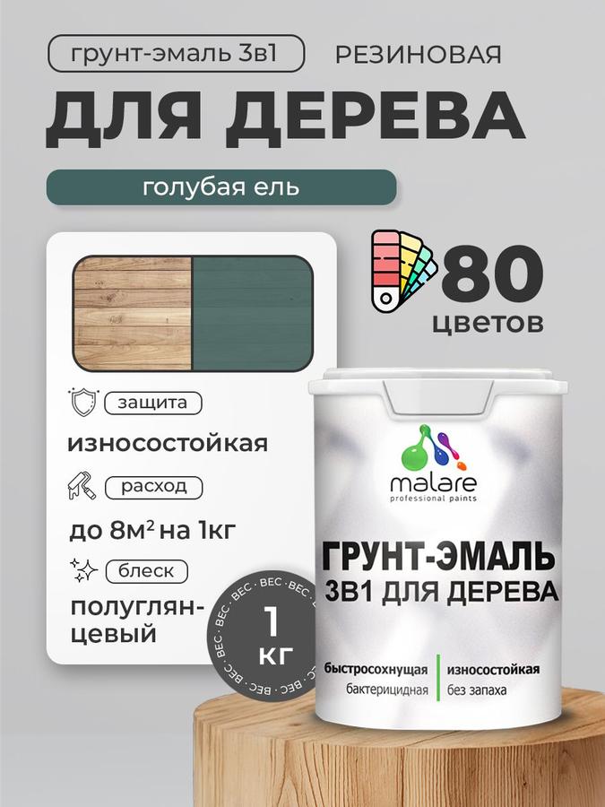 Латексная грунт-эмаль 3 в 1 Malare для дерева, антисептическая, быстросохнущая, моющаяся, полуглянцевая, цвет Голубая ель, 1 кг