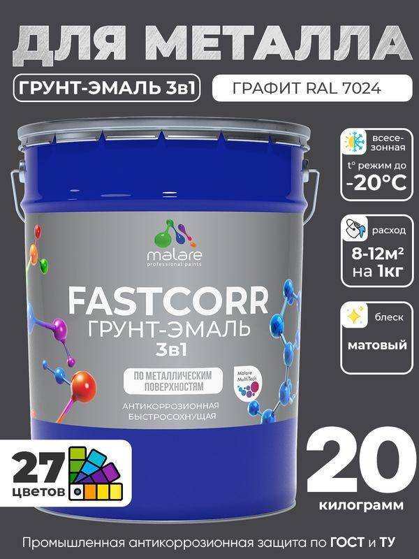 Грунт-эмаль по ржавчине 3 в 1 Malare FastCorr антикоррозионная, быстросохнущая, матовая RAL 7024 графитово-серый, 20 кг