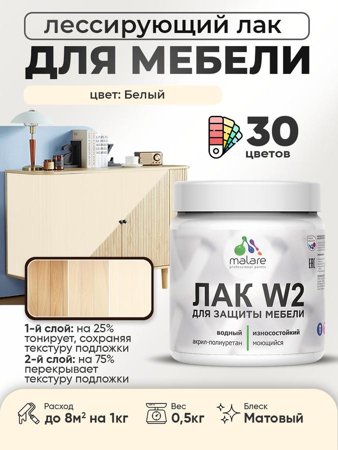Malare W2 тонирующий акриловый лак для мебели и кухонных фасадов, матовый, белый, 0.5 кг, без запаха, быстросохнущий