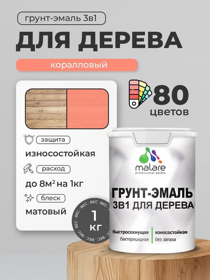 Акриловая грунт-эмаль 3 в 1 Malare матовая коралловая 1 кг с антисептическим эффектом для дерева, быстросохнущая, моющаяся, без запаха