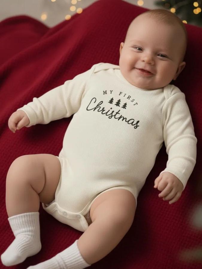 Новогоднее боди для новорожденных Крошка Я с длинным рукавом, рост 62-68, бежевое