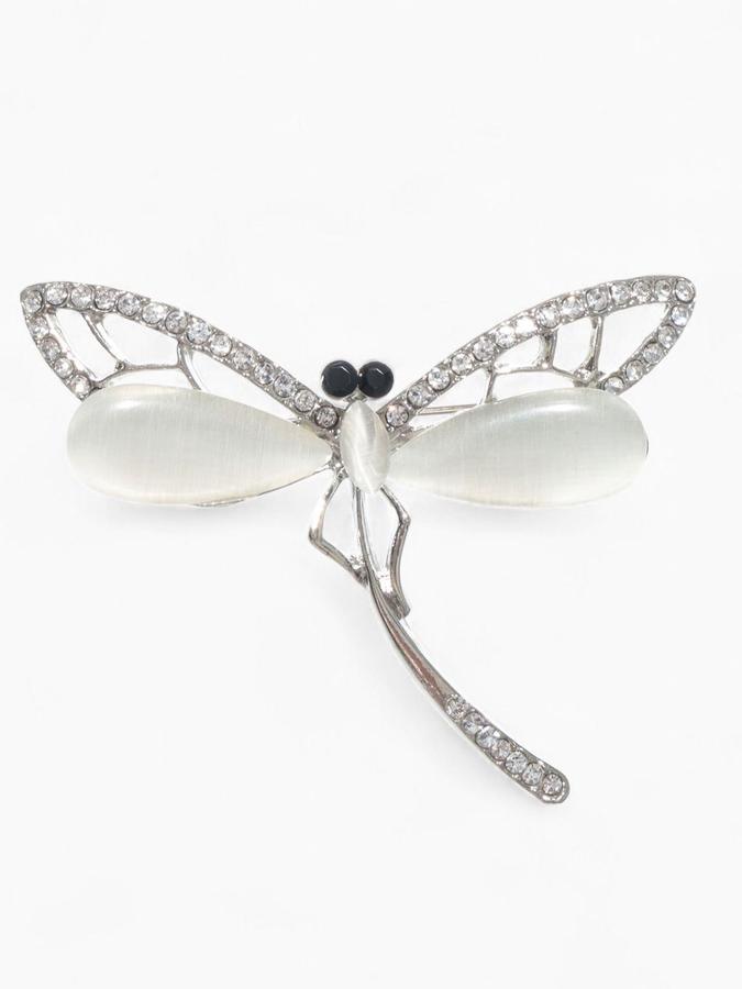 Женская брошь бижутерия "Стрекоза" белая в серебре