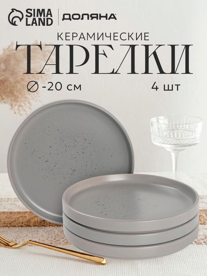Набор из 4 серых десертных тарелок с бортиками Доляна Гранит, 20 см
